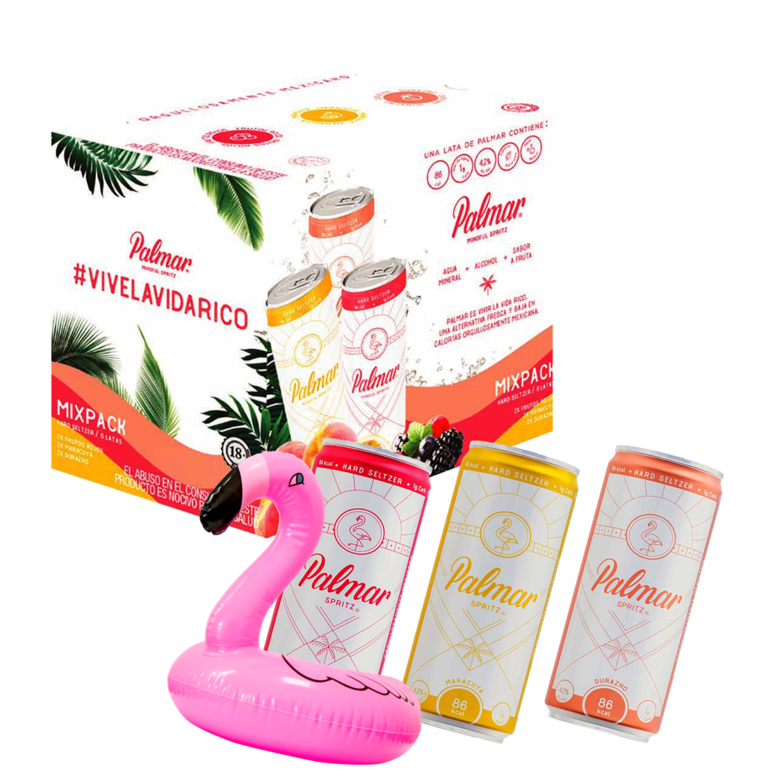 Hard Seltzer Palmar Mix Pack 6 Frutos Rojos, Maracuyá y Durazo 355 ML + Inflable Flamenco