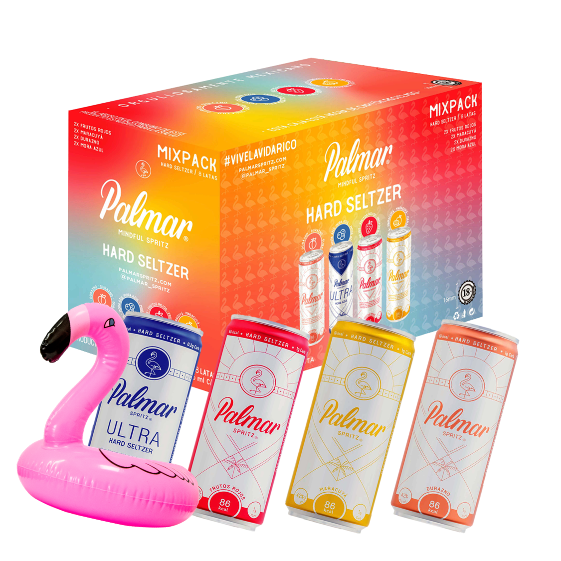 Hard Seltzer Palmar Mix Pack 8 Frutos Rojos, Maracuyá, Moras y Durazo 355 ML + Inflable Flamenco