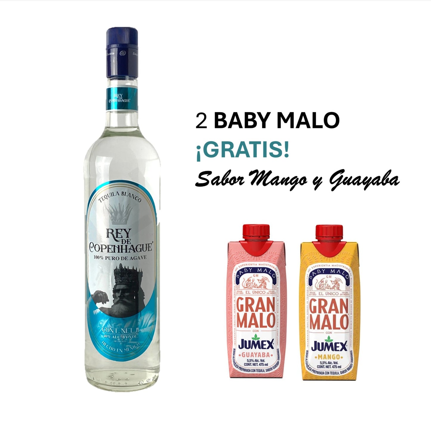 Pack Tequila Rey de Copenhague Blanco 1000 ml + 2 Baby Malo