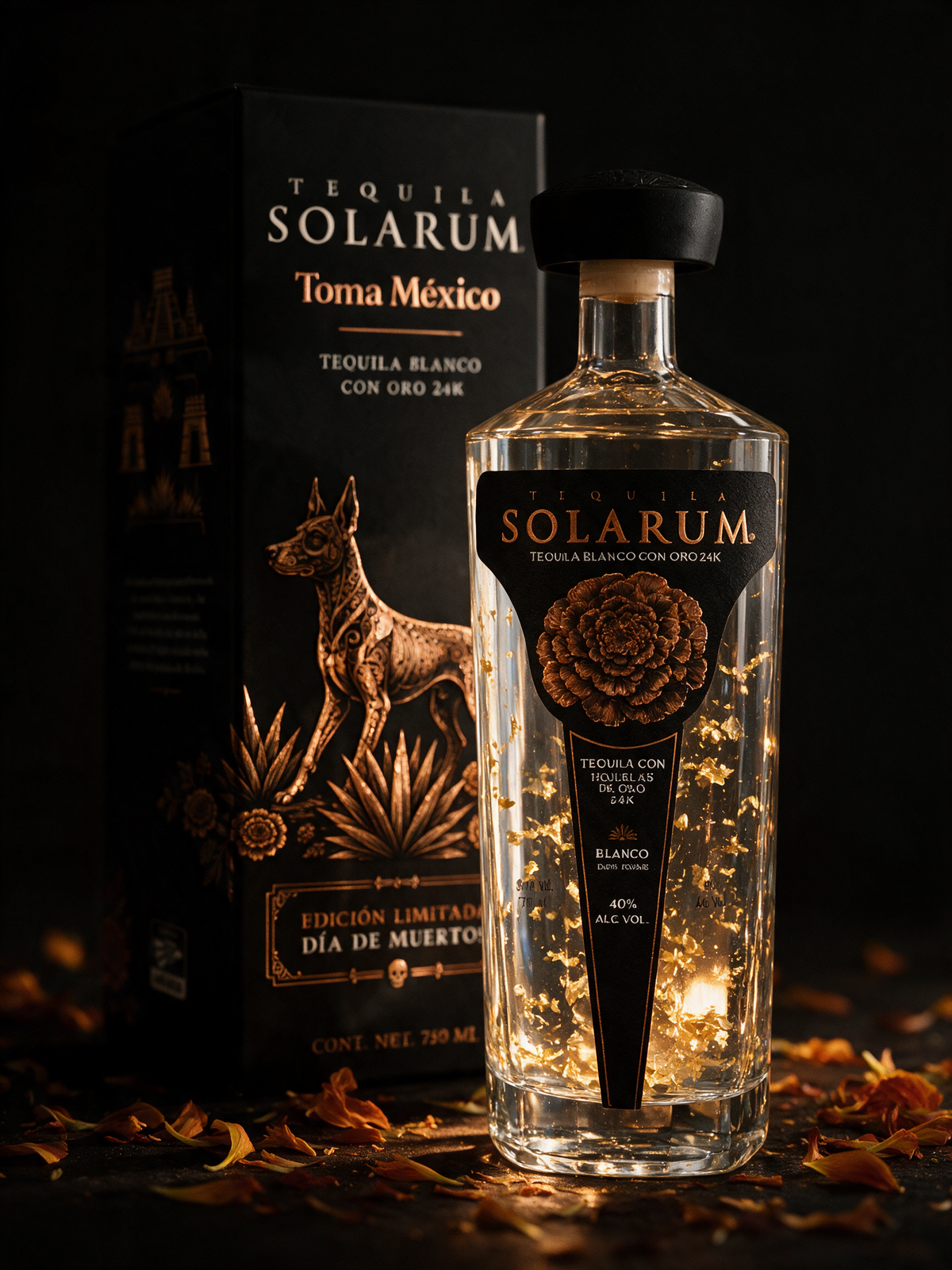 Tequila Solarum Blanco C/ Oro 24k Ed. Día de Muertos 750 Ml