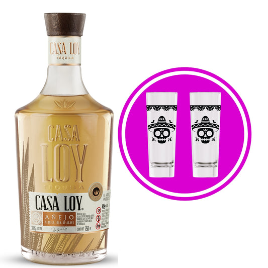 Tequila Casa Loy Añejo + 2 Tequileros Día de Muertos