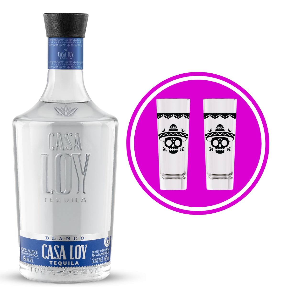 Tequila Casa Loy Blanco 750 Ml + 2 Tequileros Día de Muertos