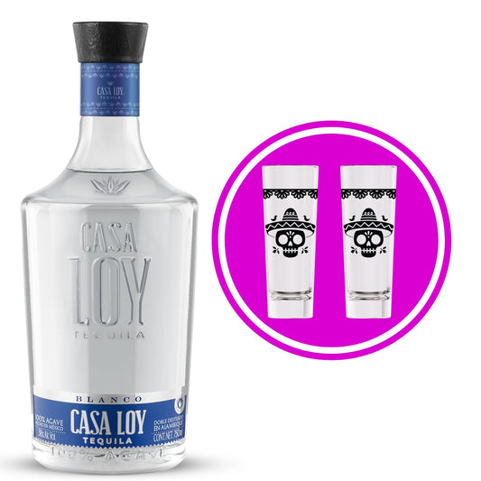 Tequila Casa Loy Blanco 750 Ml + 2 Tequileros Día de Muertos