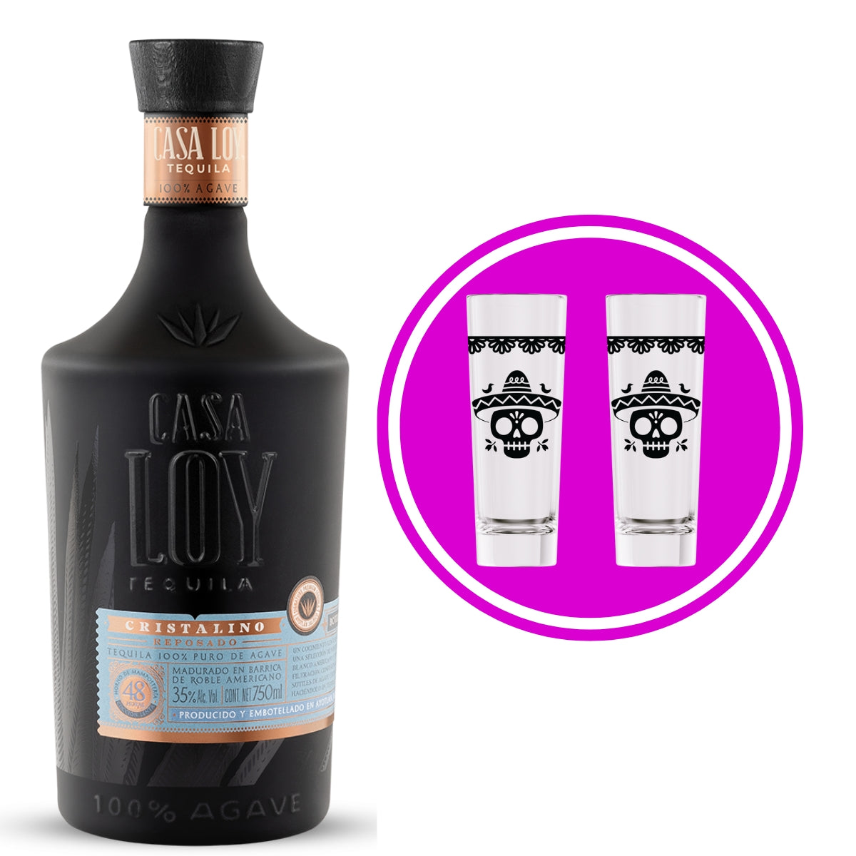 Tequila Casa Loy Cristalino 750 Ml ´+ 2 Tequileros Día de Muertos