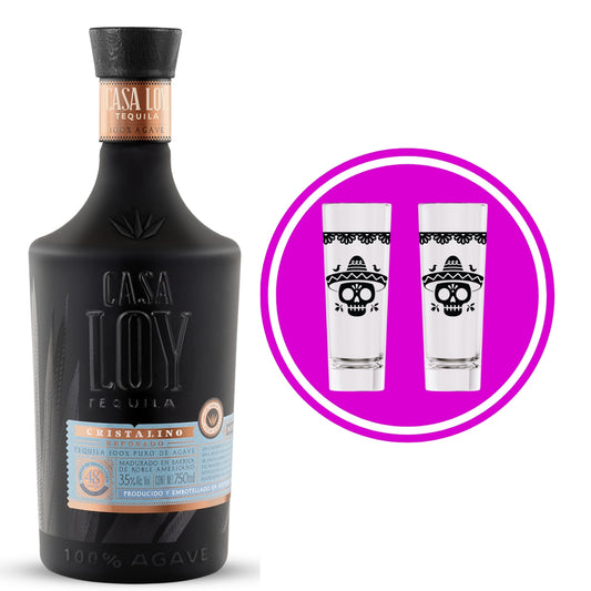 Tequila Casa Loy Cristalino 750 Ml ´+ 2 Tequileros Día de Muertos