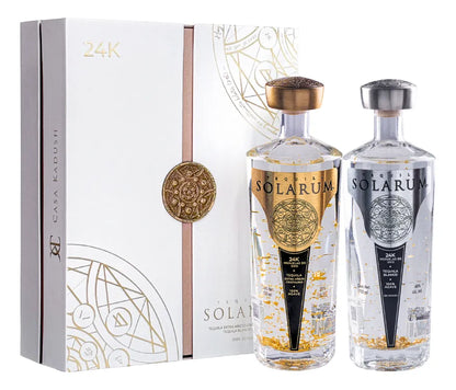 Tequila Solarum Extra Añejo Cristalino 750 Ml Con Tequila Solarum Blanco 24K 750 Ml