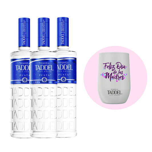 3 Tequilas Taddel Plata 750 Ml + Termo Día de las Madres