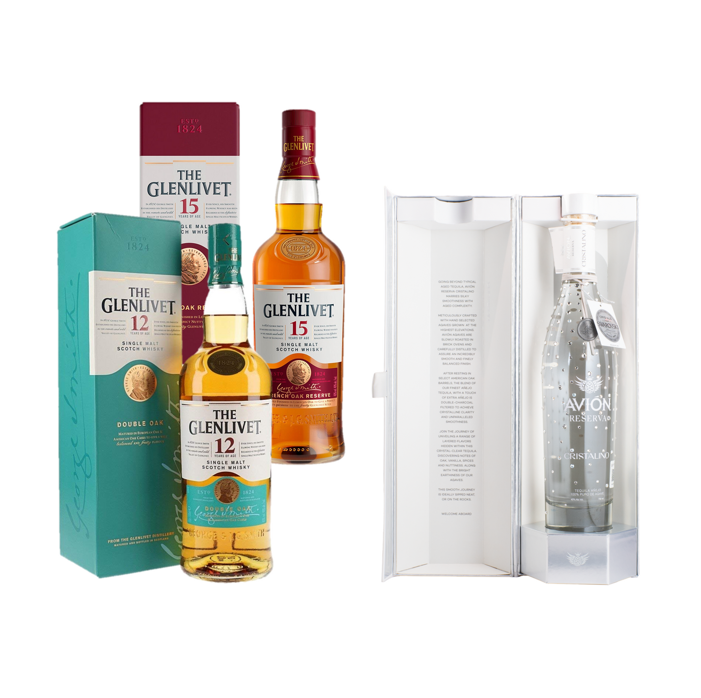 Pack Whisky The Glenlivet 12 Años 700 Ml +The Glenlivet 15 Años 700 Ml + Tequila Avion Swarovski