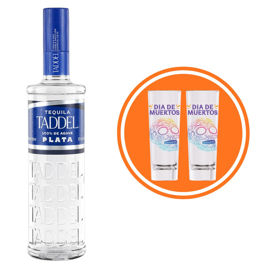 Tequila Taddel Plata 750 Ml + 2 Tequileros Día de Muertos