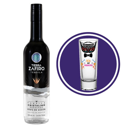 Tequila Tierra Zafiro Rep Cristalino 750 Ml + Tequilero Día de Muertos