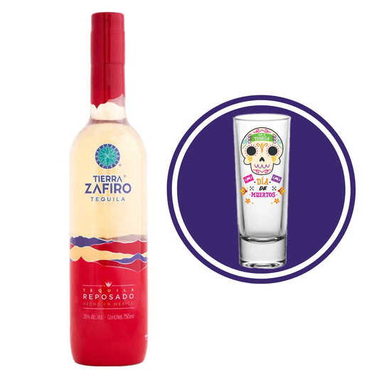 Tequila Tierra Zafiro Reposado 750 Ml + Tequilero Día de muertos