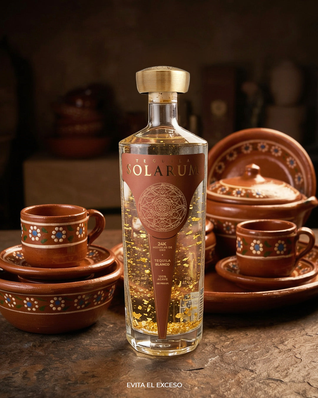Tequila Solarum Blanco C/ Oro 24k Ed. Barro 750 Ml + Licorera Solarum